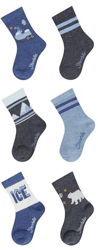 Sterntaler Kinder Socken Jungen Set 6er Pack – Baby- und Kindersocken mit Motiv Schneemobil, ICE, Eisbär, Berge und Ringelmuster – elastische Baumwollsocken – jeansblau meliert, Größe 18