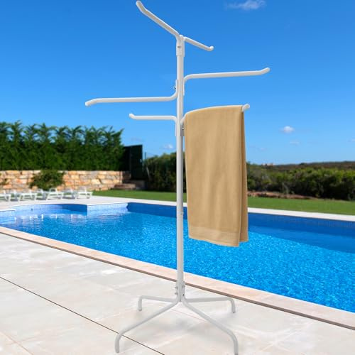 Pool Towel Rack Outdoor, Heavy Duty Freestanding Towel Holder Stand with 6 Bars & Stable Metal Base, 52-inch Tall Hot Tub Towel Hanger for Poolside, Spa, Bathroom, Sauna (White)