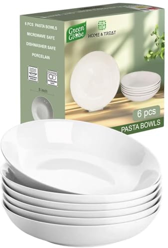 Home & Treat Lot de 6 grands bols à soupe en porcelaine blanche pure de 20,3 cm – Assiettes de service pour salade, pâtes, fruits – Passe au micro-ondes et au lave-vaisselle