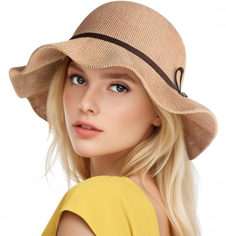 BelleVive Sommer-Sonnenhüte für Damen, breite Krempe, Strandhüte für Damen, LSF 50+, Faltbarer Reise-Strandhut, Schlapphut aus Strick, Sonnenhut für Frauen, Hut mit breiter Krempe, Khaki