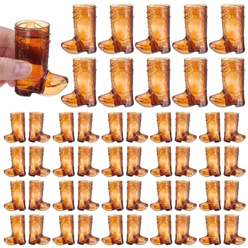 UNICRAFTALE 40 unidades de botas de vaquero vasos de chupito decoración mini vaquero occidental vasos de plástico lindos marrones reutilizables para decoraciones de boda, vaquero occidental, 49 x 32,5