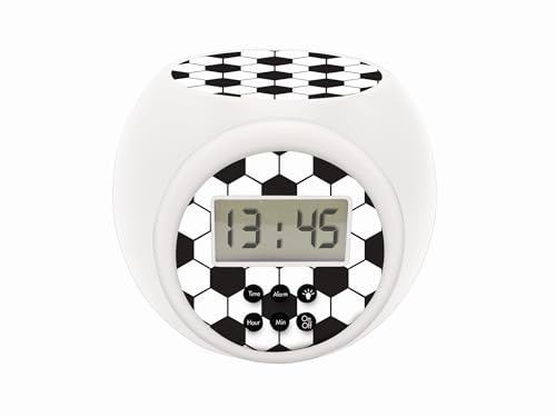 Lexibook Réveil projecteur Football Enfant avec Fonction Alarme et répétition Snooze, veilleuse avec minuterie, écran LCD, à Piles, Blanc/Noir, RL977FOLXB