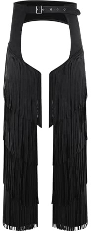 Eandarui Mens Western Cowboy Chaps Pants Adults Fancy Dress Suede Fringe Motorcycle Trouser Black M