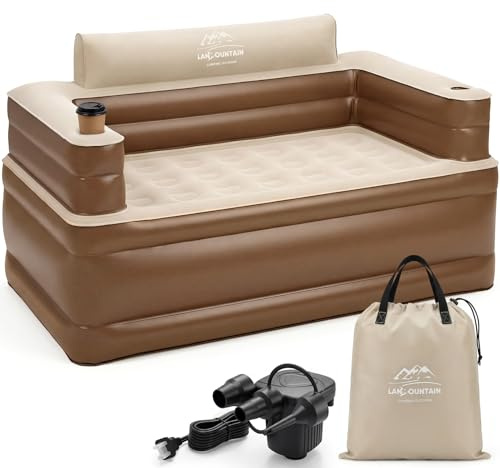 LANMOUNTAIN Inflatable Couch with Cup Holder, Velvety Blow Up Couch for Adults with Electric Pump, Air Sofa for Camping & Home, 60x32x34