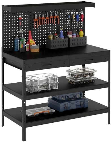 HOMCOM Werkbank 122 x 61 x 156 cm Arbeitstisch mit Lochwand, 2 Schubladen und 2 verstellbaren Regalen, 272kg Tragkraft, Werktisch für Garage, Werkstatt