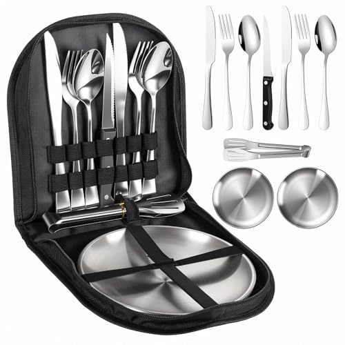 Dexpally Set di Posate da Campeggio per 2 Persone 10 Pezzi Stoviglie da Campeggio in Acciaio Inox Portatile con Coltello Forchetta Cucchiaio Piatto per Picnic Barbecue e Viaggio (Argento)