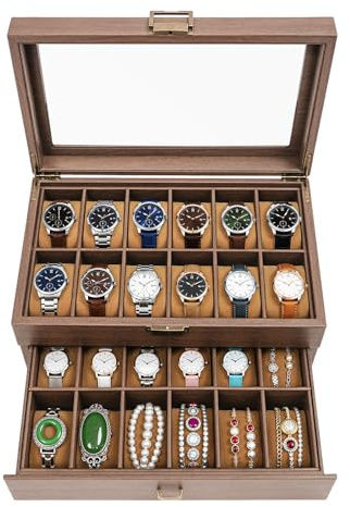aefxNika Caja para relojes de 24 compartimentos, color marrón, 2 niveles, con tapa de cristal, cierre de metal, caja de almacenamiento de relojes de PU MDF, soporte de mesa, regalo para hombre