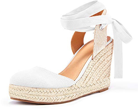 FISACE Womens Summer Espadrille Heel Platform Wedge Sandals Ankle Buckle Strap Closed Toe Shoes