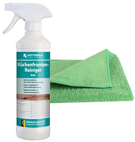 HOTREGA Küchenfronten Reiniger Matt 500ml| Für matte Küchenfronten | Entfernt Fingerabdrücke & Alltagsschmutz | materialschonend |inkl. Microfasertuch