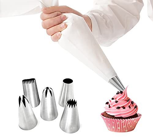 Decorazione Torte Set di 6 Pezzi,Riutilizzabile Beccucci per Pasticceria con 5 Ugelli in Acciaio Inossidabile e 1 Sacchetti di Cotone,per Torte,Cupcakes,Pasta di Zucchero,Biscotti