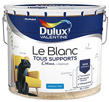 Dulux Valentine Le Blanc Tous Supports Crème de Peinture - Peinture Intérieure Murs, Plafonds, Boiseries et Radiateurs - Mat Blanc 10 L