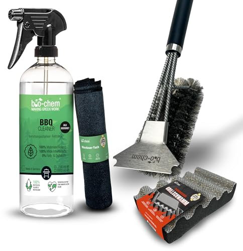 Bio-Chem - Spray nettoyant pour barbecues 0,75L + Chiffon en Microfibres, Brosse et éponge - Spray degraissant prêt à l'emploi pour plancha, Grille Barbecue