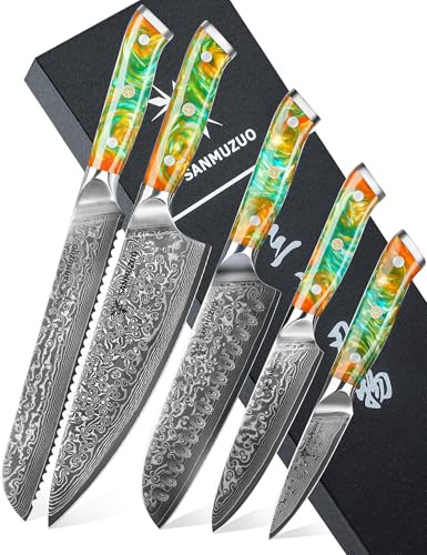 SANMUZUO Set Cuchillo Cocina 5 Piezas, Juego de Cuchillo de Cocinero Afilados Acero en VG10 de Damasco, Cuchillo Chef Santoku Pan Universal Fruta con Mango de resina - Serie Xuan(Naranja de Fantasía)