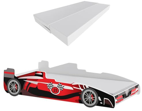 KOBI Lit de Voiture pour Enfant | F25 Car | 70 x 160 cm | Multicolore | Thème Race Car | Enfants Garcon Fille | avec Sommier et Matelas | Cabane avec Barriere