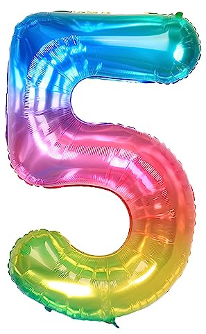 Ponmoo 40 inches Foil Balloons Numbers 5 Neon Rainbow (101cm), Inflatable Helium or Air, Giant Balloon Number 0-9, 10-29, 30-100, Grand Balloons for Anniversary Wedding Birthday Party Decoration