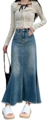 TEidea Damkjolar retro hög midja lång denimkjol för kvinnor, lös stil för höst och vinter, med tofsar och fickor, Vintage blått, M