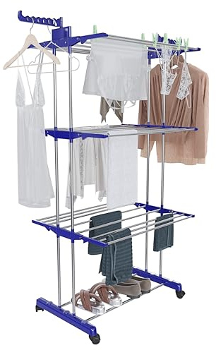 Bricozone Stendibiancheria A Rotelle A Torre Verticale Stendino In Acciaio E ABS Salvaspazio Con Ali Richiudibile 169 x 75.5 x 63.5 Cm 4 Piani Ripiani Pieghevole Modulabile Biancheria (Blu)
