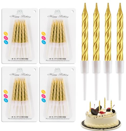40 Stücke Geburtstagskerzen, Spiral Metallisch Kerzen Geburtstag für Torte, Kuchenkerzen mit Halterung, Kurze Dünne Kerzen für Geburtstag Hochzeit Party Kuchen Dekorationen (Gold)