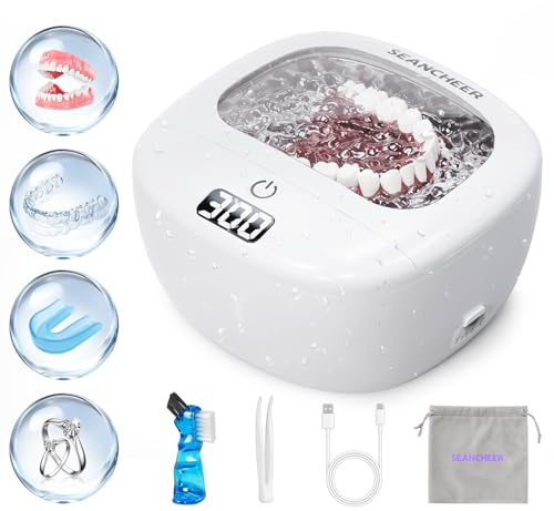 Ultrasonic Retainer Cleaner Machine | Rechargeable | Cordless | IPX7 Waterproof | Portable | 120ML | 2 Modes with Digital Timer for | Denture | Aligner | Night Guard | Mouth Guard | Jewelry | White