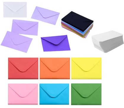 GYWHOOFT 50 stycken små kuvert 10 x 7 cm, färgglada minikuvert med 50 tomma kort för bröllop, fester, födelsedagar, gåvor och önskningar (10 färger)