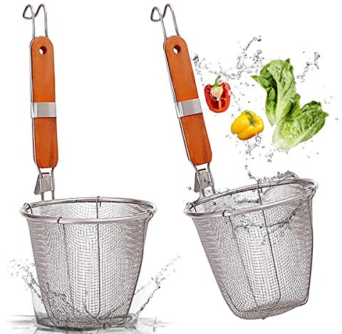 Dumpling Noodle Sieve Stainless Steel TAIZER 2 Pieces Multifunction Serving Basket Kitchen Gadgets with Wooden Handle Noodle Sieve Spoon