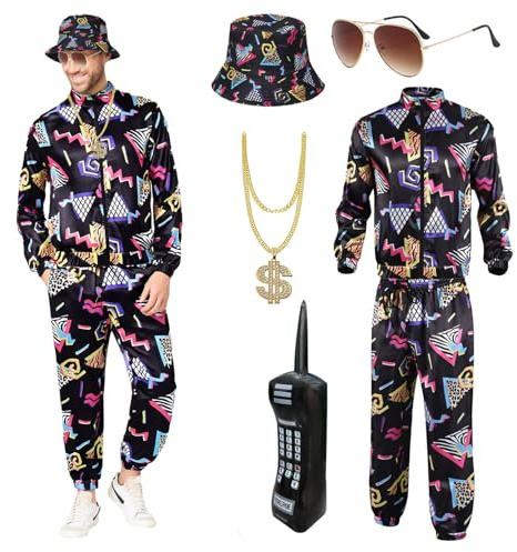 Déguisement rétro des années 80 et 90 pour homme avec accessoires, style hip-hop rétro des années 80 et 90 avec 1 chemise, pantalon, chapeau, collier, lunettes ballons, pour fête, carnaval, rave