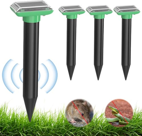DAJASD Lot de 4 répulsifs solaires anti-taupes à ultrasons - Étanche IP65 - Pour l'extérieur - Pour repousser les taupes et les écureuils dans les pelouses