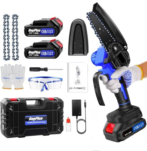 Huini Mini Chainsaw Cordless 4 Inch with 2x1500mAH Battery, Powerful Electric Chainsaw with 2 Chains and Security Lock,Handheld Small Chain Saw for Wood Cutting Tree Trimming Gardening,Blue