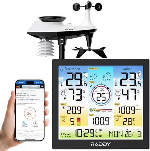 Raddy WF-120C Wi-Fi Station météo professionnelle, Moniteur de température et d'humidité intérieur/extérieur avec capteur extérieur 7 en 1, Pluviomètre, Vitesse du vent, Prévisions météo, Indice UV