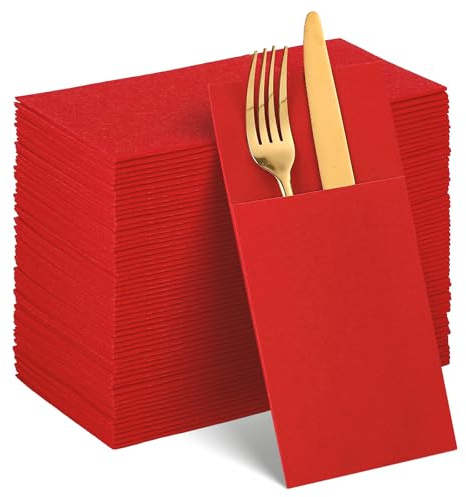 60 Pcs Red Linen-Feel Paper Napkins with Built-in Flatware Pocket | Pocket Linen Napkin Prefolded Cloth Like Paper Napkin Bulk for Anniversay Christmas Silverware Birthday Bathroom Wedding
