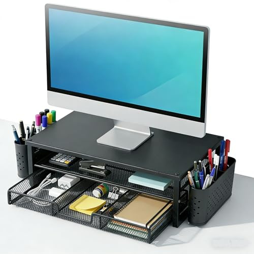 Hulvyzu Supporto per Monitor a 2 Livelli, Rialzo Monitor da Scrivania con Cassetti, Ripiano Scrivania Trucchi, Supporto per Stampante in Metallo, Rialzo per Schermo PC, Rack Rialzato per Computer