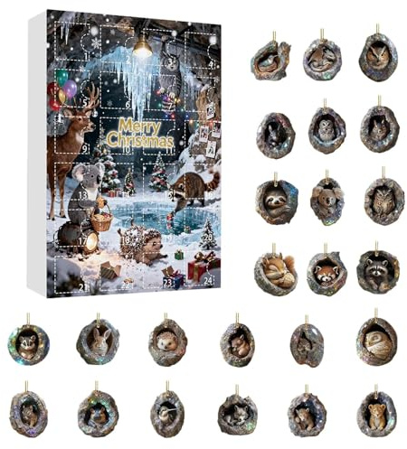 Adventskalender 24 dagar djur hänge 2D akrylträd med dekorativa hål festlig dekoration kreativ färgglada mönster | för ryggsäck fest bildörr backspegel balkong