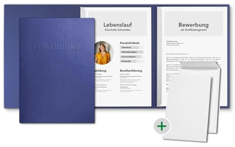 10 Stück 3-teilige Bewerbungsmappen Blau in feinster Lederstruktur - inkl. 10 Versandumschläge in Weiß - mit 2 Klemmschienen und hochwertiger Prägung ''BEWERBUNG'' - direkt vom Hersteller STRATAG