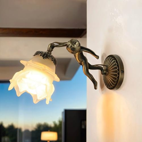 Licht-Erlebnisse Premium Wandleuchte Echt-Messing Glas in Bronze Weiß Wohnzimmer Flur T:32,5 cm E27 Jugendstil Blüte Florale Wandlampe Schlafzimmer