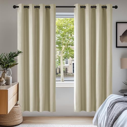 Deconovo Super Soft Thermal Insulated Room Darkening Curtains for Bedroom Eyelet 55x79 Inch Beige with Beige with Natural Tinge 2 Panels