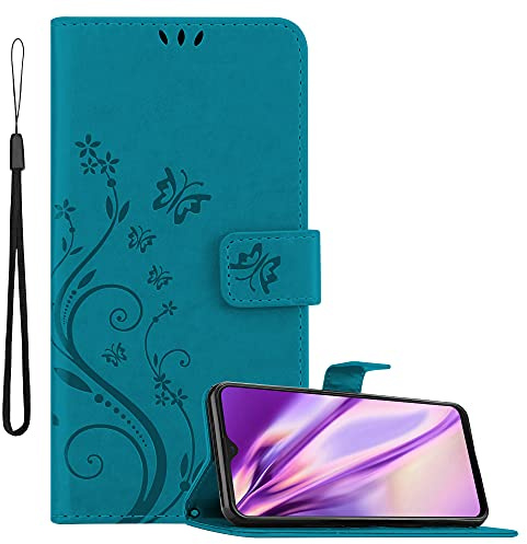Cadorabo Hülle kompatibel mit Samsung Galaxy M21 / M30s Blumen Design aus Kunst Leder Flip Klappbare Magnetische [Standfunktion] [Kartenfächern] Cover Hülle für Galaxy M21 / M30s Tasche in Blau