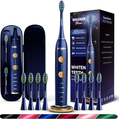 Wagner Stern WHITEN+ Electric Toothbrush, 48,000 VPM, Pressure Sensor, 5 Modes, 8 Brush Heads, Travel Case