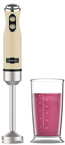 Cecotec Batidora de Mano Retro Power RetroYellow 1200MAX. 1200W Potencia Máxima, Cuchilla de 4 Hojas con Recubrimiento de Titanio Negro, 2 Velocidades, Vaso de 0,5L, Diseño Vintage