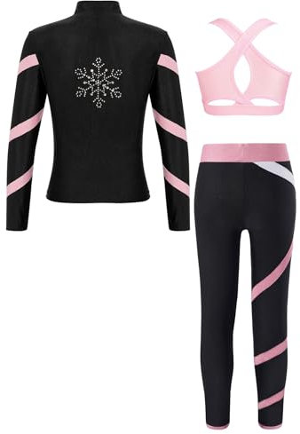 Alvivi Mädchen Trainingsanzug Eiskunstlauf Anzug Langarm Sweatjacke Sweatshirt + Sport BH Tops + Hose Sport Leggings Eislaufen Tanz Yoga Sport Set Rosa 134-140