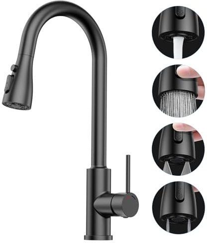 SREWOHS PRO Kitchen Sink Faucet with Extendable Sprayer High Pressure Kitchen Faucet 360° Rotation 1 Hole Tap with 4 Spray Functions (C-EU Connector Only