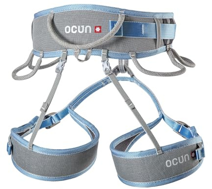 Ocun Twist Tech Eco Climbing Sport Harness, Lightweight Three Buckle Harness for Trad, Alpine & Rock Climbing, Grey/Blue, XS-M