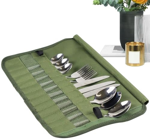 Monozoz Borsa portaposate, borsa portatile per posate da campeggio, borsa arrotolabile, valigetta da viaggio, set di utensili da viaggio, borsa per il trasporto, set di posate portatile, borsa per