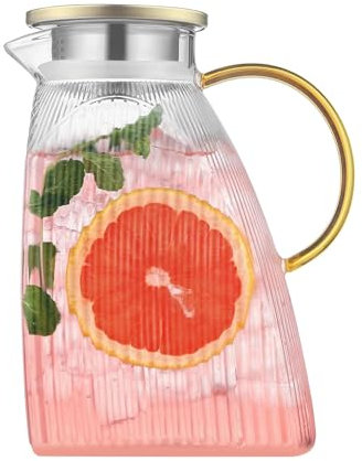 Jarra de agua, jarra de cristal, jarra de cristal con tapa de acero inoxidable, para puerta de frigorífico a prueba de fugas, transparente para bebidas calientes o frías (1,8 l/63 oz.)
