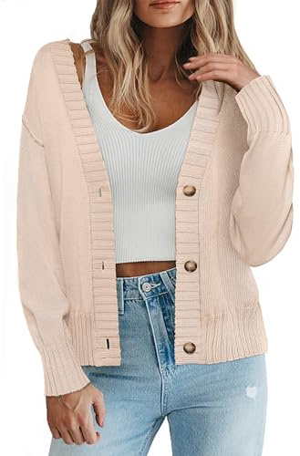 Zeagoo: Cárdigans para mujer, suéteres cortos de frente abierta con botones, de manga larga, tejido suelto, clásico, tallas S-XXL, café, M