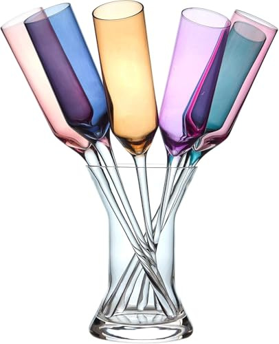 Relsy Juego de 6 copas de champán de cristal metálico degradado con jarrón – Juego de 6 copas de fiesta sin base de colores elegantes con soporte para jarrón, perfecto para fiestas de champán, vino o