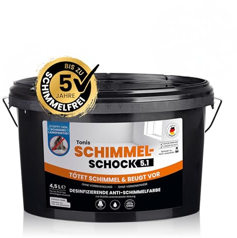 Tonis SCHIMMELSCHOCK Anti-Schimmel-Farbe 4,5 Liter | Effektive antimikrobielle Sofortwirkung, desinfizierende Wandfarbe für ca. 18 m², Schimmel-Stopp aus: Die Höhle der Löwen [weiss, abtönbar]
