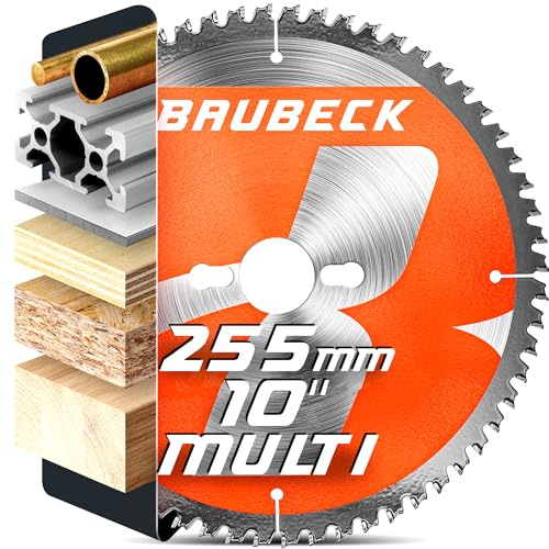 BAUBECK Circular saw blade 255mm x 25.4mm / 1inch - x100T for fine finish in Wood, Metal with 20/16mm bore rings - Compatible with Evolution R255 Dewalt Festool 255 mm circular saw blade