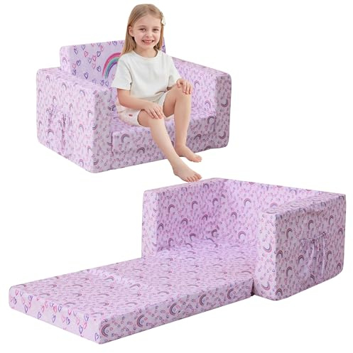 lasoftan Toddler Couch, 2-in-1 Soft Kids Couch Bed Fold Out, Toddler Chairs Comfy for Boys & Girls, Convertible Kids Sofa to Lounge for Playroom, Gift for Birthday, Children's Day - Purple Rainbow