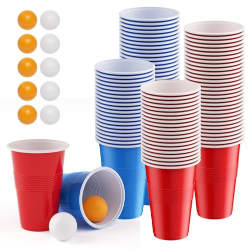 Cecaylie Lot de 100 gobelets à bière (500 ml) et 12 balles, réutilisables, robustes et réutilisables, idéaux pour anniversaire, mariage, fête, jeux à boire, festival, camping