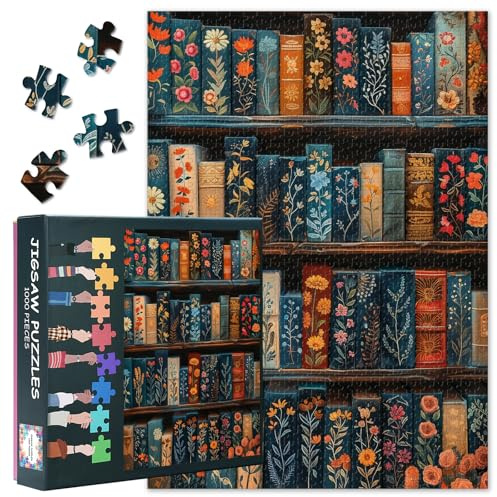 Puzzle 1000 Pièces Adultes Vintage Livres, Jigsaw Puzzles 1000 Pièces Thème Fleurs, Bibliothèque Puzzle Difficile Jeux pour Femmes Décoration de la Maison Taille 70x50cm